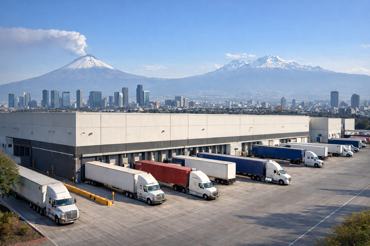 Nave industrial con andenes de carga y vista urbana con volcán al fondo